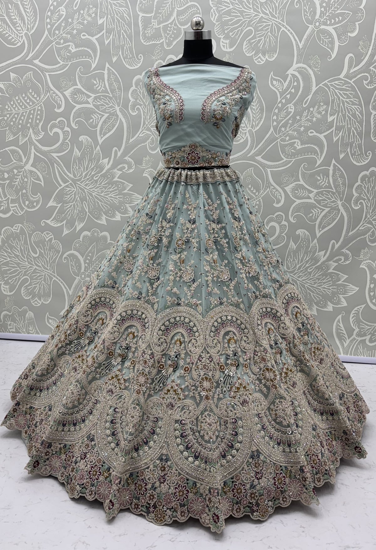 Mint Frost Peacock Embroidered Bridal Lehenga Choli with Designer Dupatta
