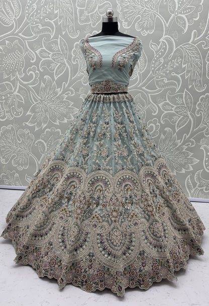 Mint Frost Peacock Embroidered Bridal Lehenga Choli with Designer Dupatta