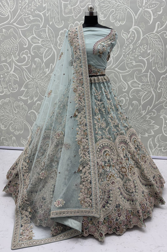 Mint Frost Peacock Embroidered Bridal Lehenga Choli with Designer Dupatta