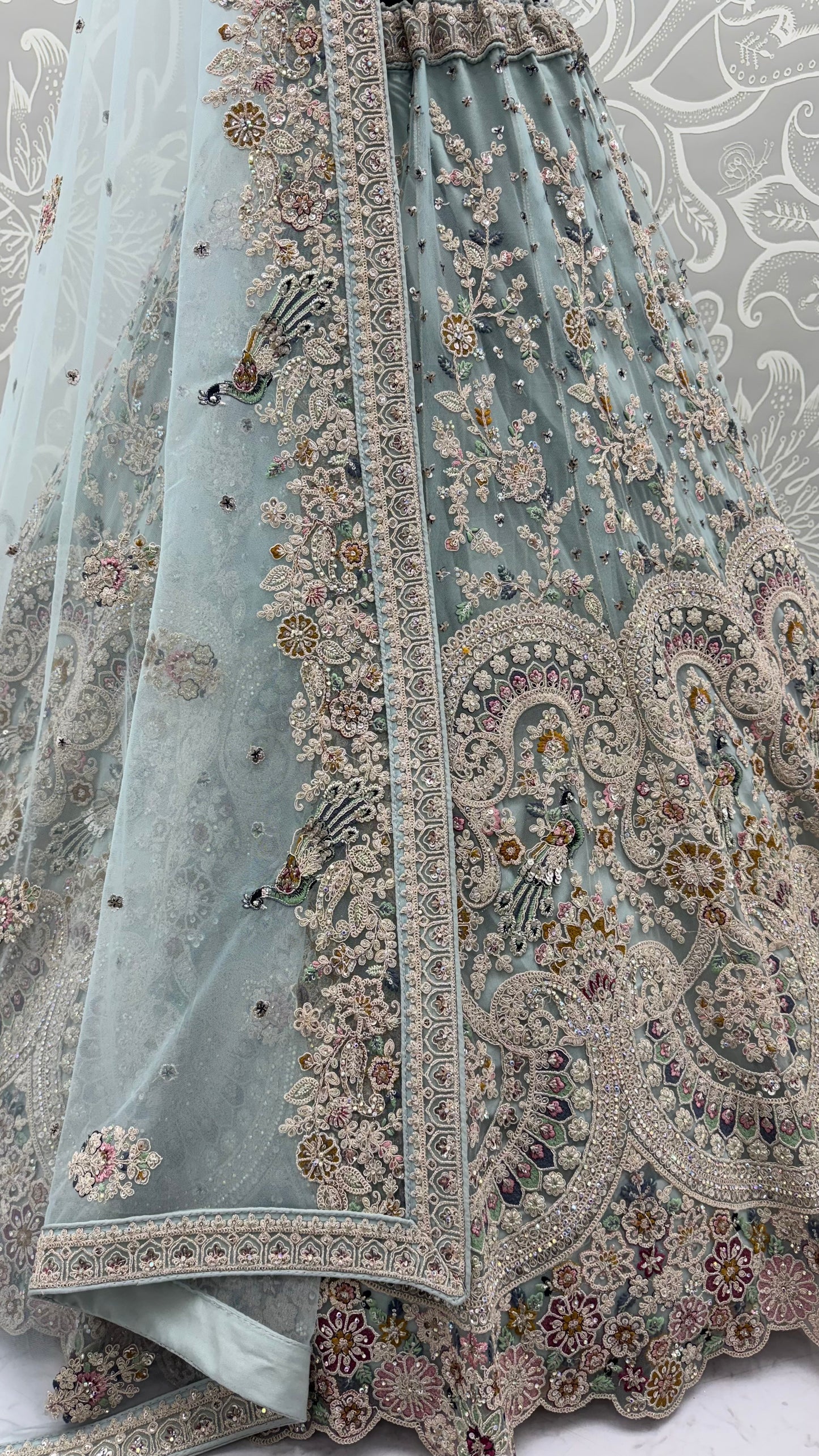 Mint Frost Peacock Embroidered Bridal Lehenga Choli with Designer Dupatta