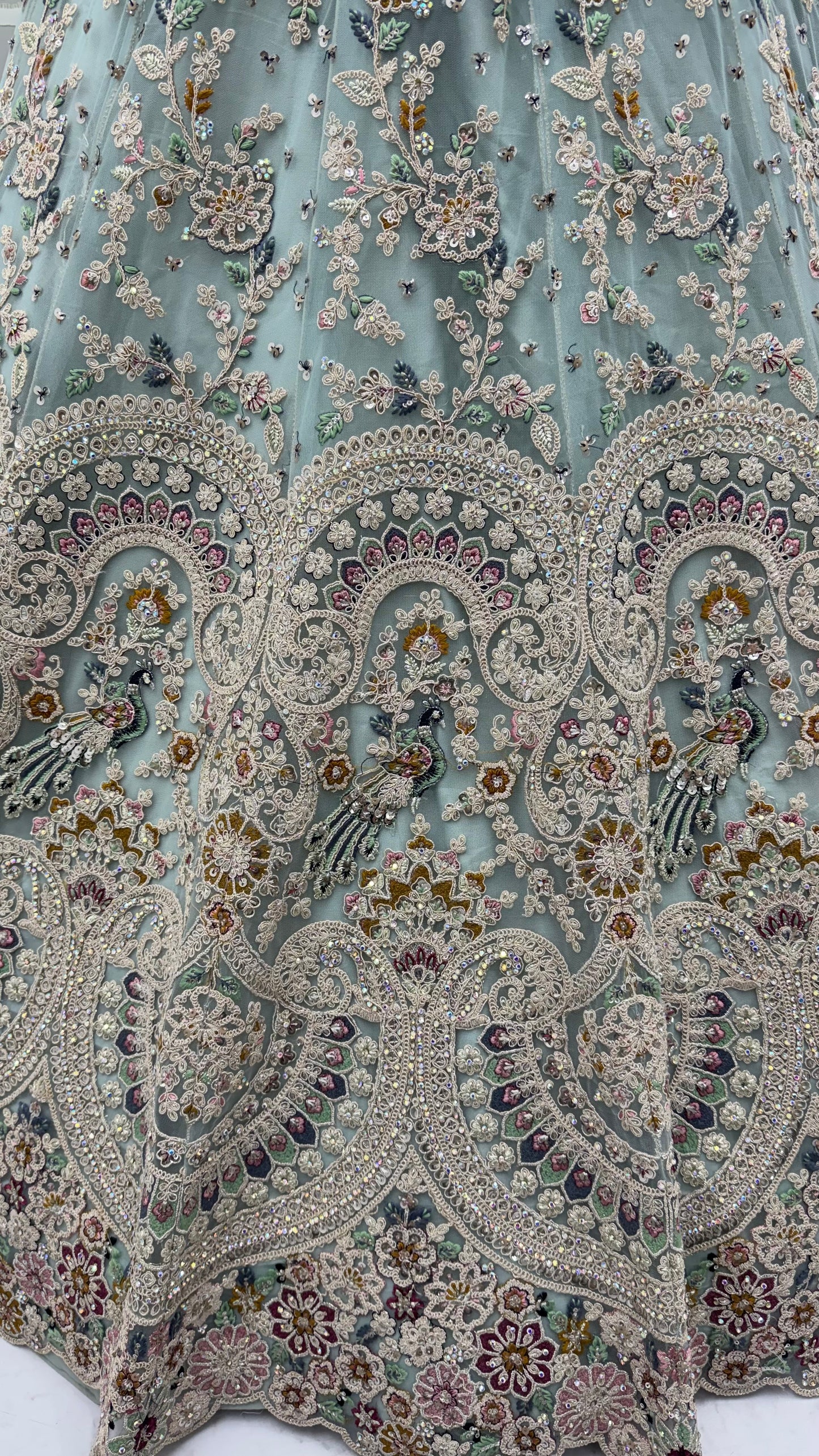 Mint Frost Peacock Embroidered Bridal Lehenga Choli with Designer Dupatta