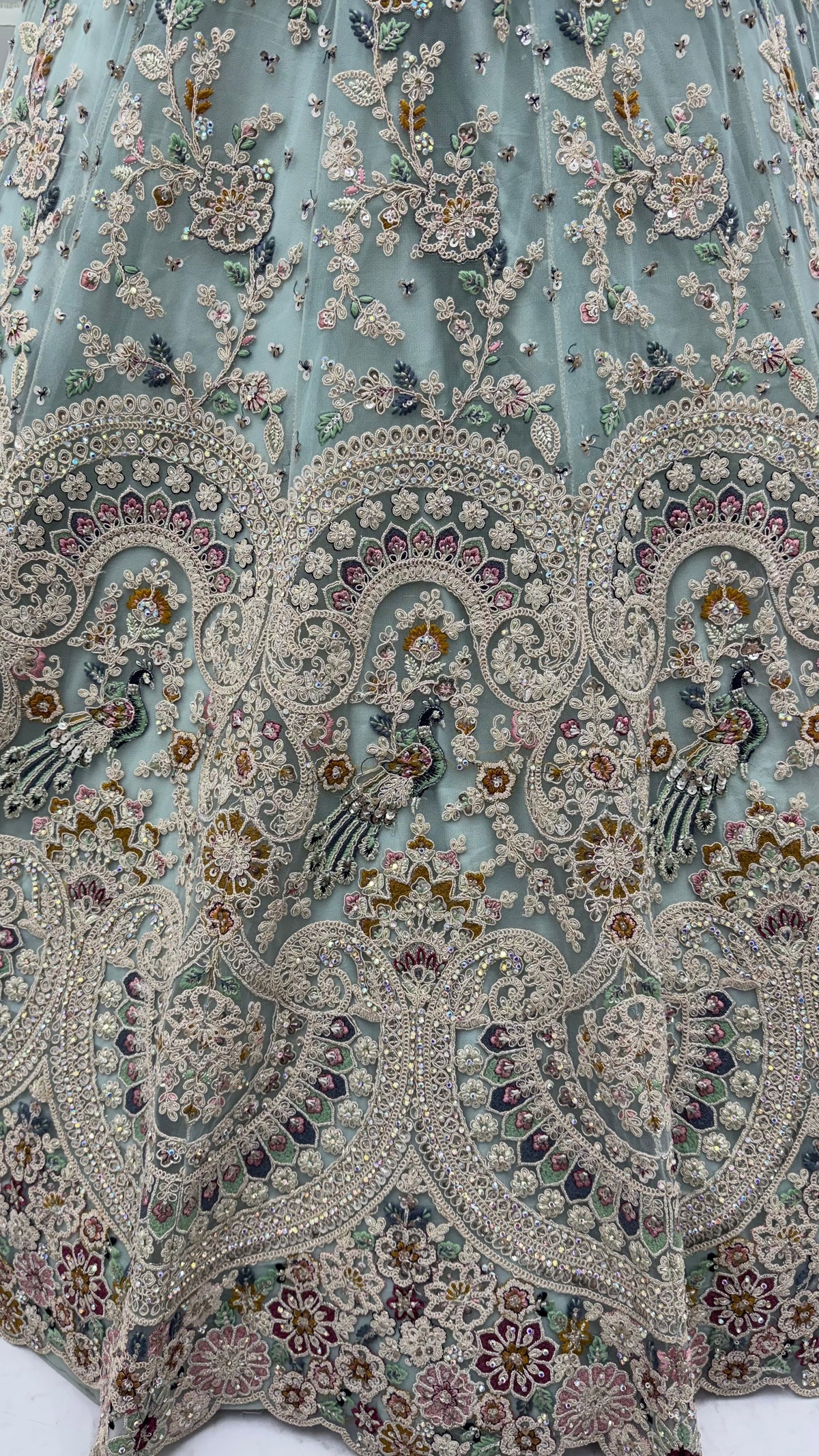 Mint Frost Peacock Embroidered Bridal Lehenga Choli with Designer Dupatta