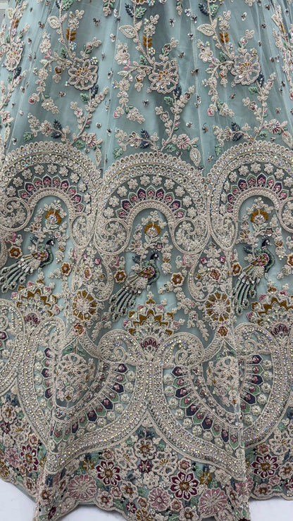 Mint Frost Peacock Embroidered Bridal Lehenga Choli with Designer Dupatta