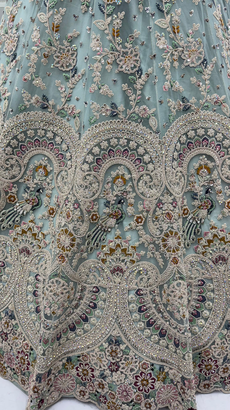 Mint Frost Peacock Embroidered Bridal Lehenga Choli with Designer Dupatta