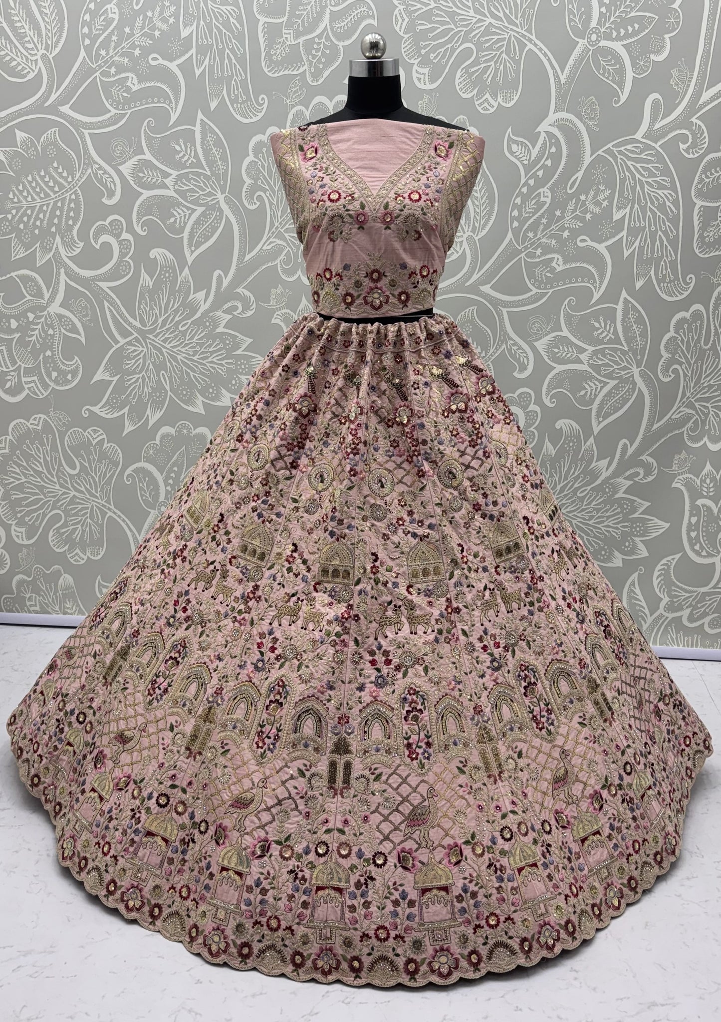 Blush Pink Gadhwal Silk Bridal Lehenga Choli with Multi Thread Embroidery, Dori Work & Soft Net Dupatta