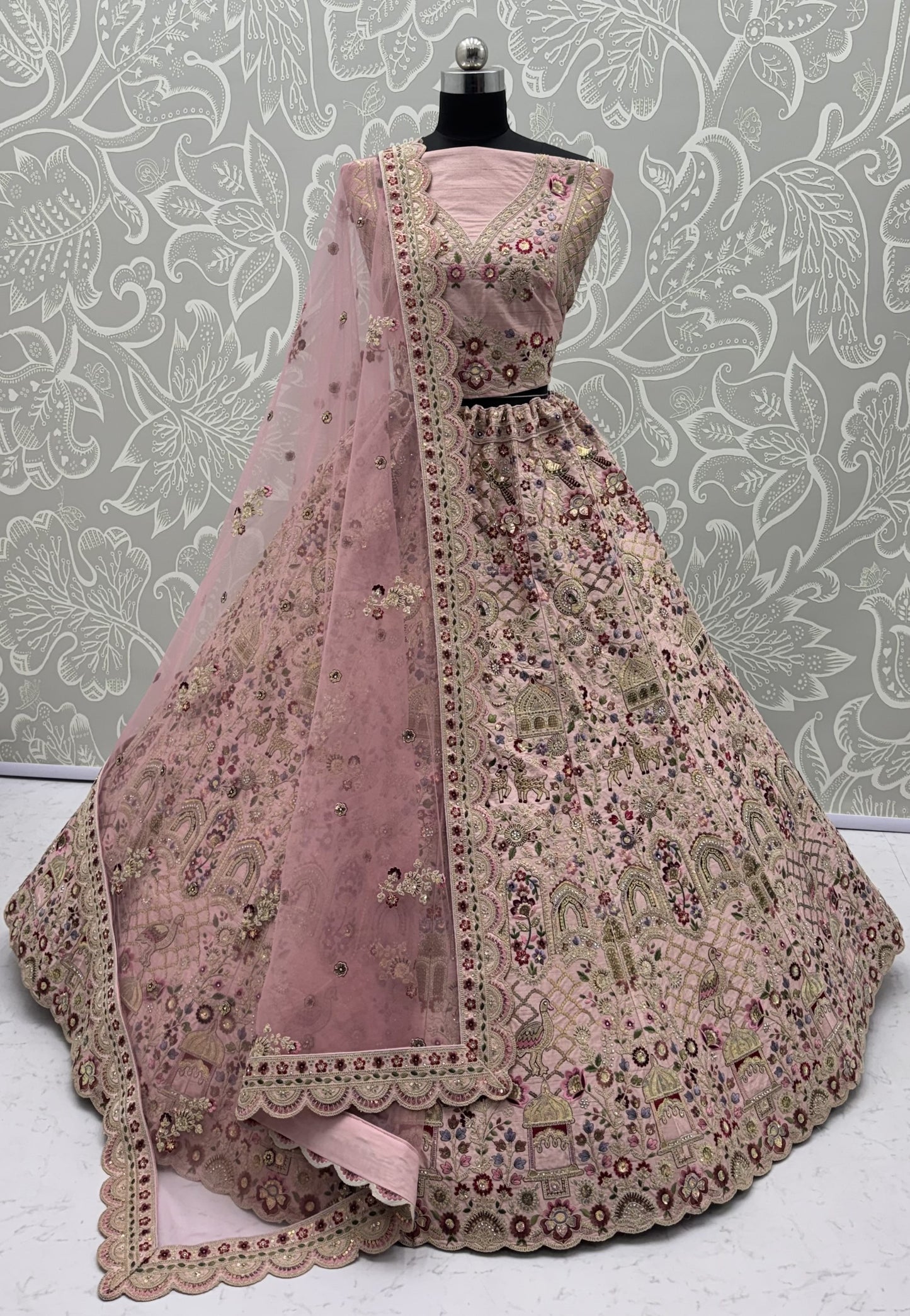 Blush Pink Gadhwal Silk Bridal Lehenga Choli with Multi Thread Embroidery, Dori Work & Soft Net Dupatta