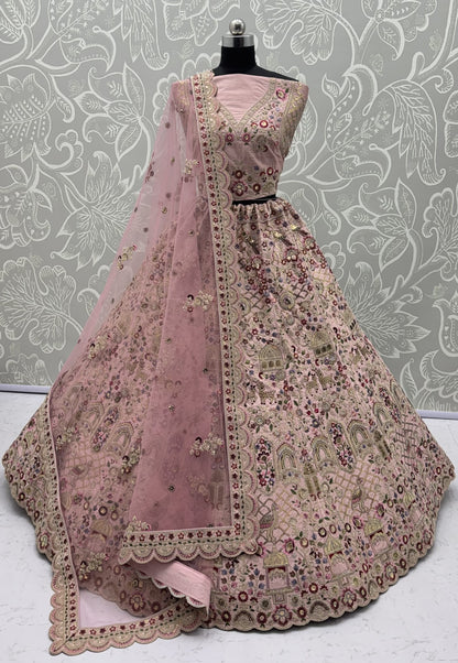 Blush Pink Gadhwal Silk Bridal Lehenga Choli with Multi Thread Embroidery, Dori Work & Soft Net Dupatta
