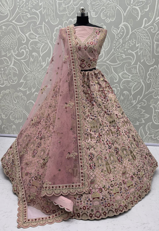 Blush Pink Gadhwal Silk Bridal Lehenga Choli with Multi Thread Embroidery, Dori Work & Soft Net Dupatta
