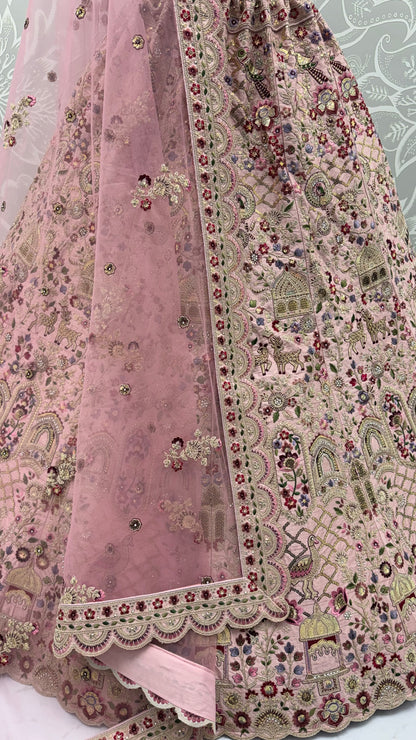 Blush Pink Gadhwal Silk Bridal Lehenga Choli with Multi Thread Embroidery, Dori Work & Soft Net Dupatta