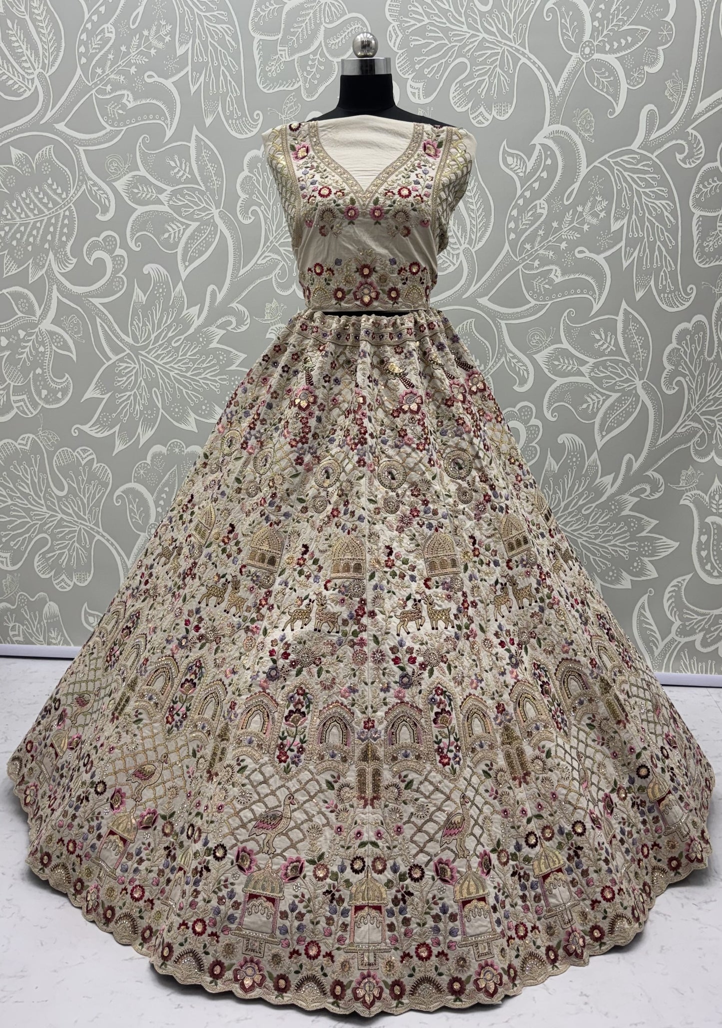 Ivory Gadhwal Silk Bridal Lehenga Choli with Multi Thread Embroidery, Dori Work & Soft Net Dupatta
