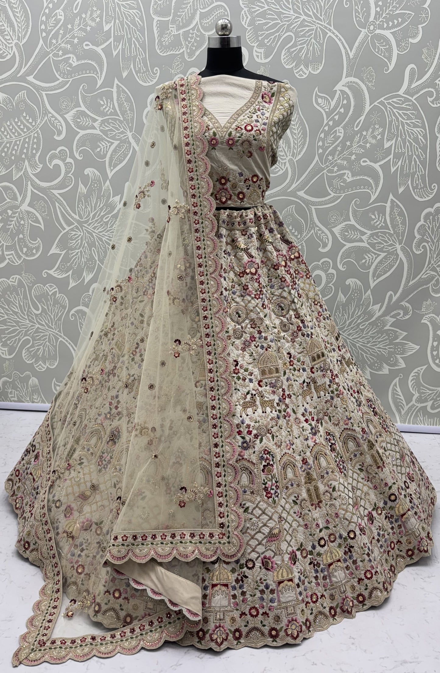 Ivory Gadhwal Silk Bridal Lehenga Choli with Multi Thread Embroidery, Dori Work & Soft Net Dupatta