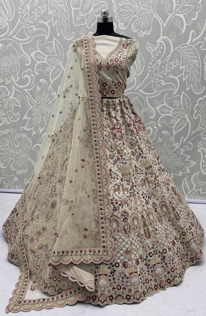 Ivory Gadhwal Silk Bridal Lehenga Choli with Multi Thread Embroidery, Dori Work & Soft Net Dupatta