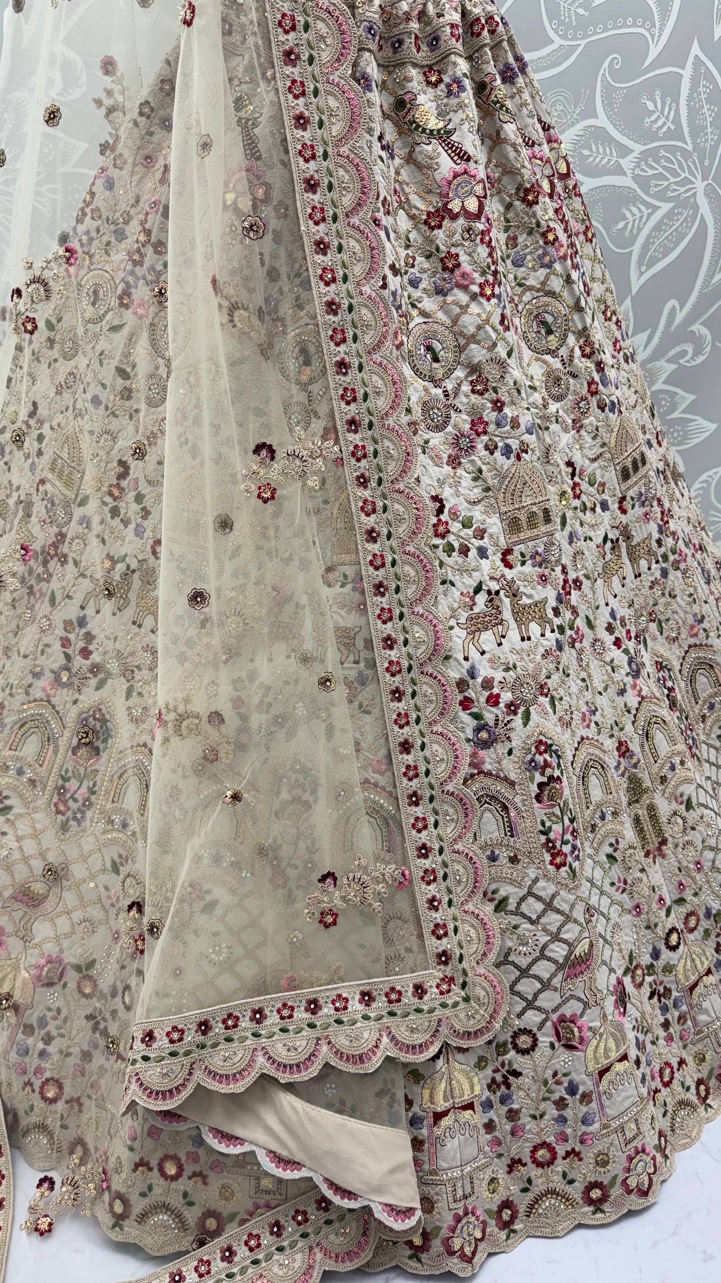 Ivory Gadhwal Silk Bridal Lehenga Choli with Multi Thread Embroidery, Dori Work & Soft Net Dupatta