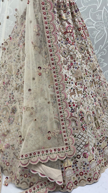 Ivory Gadhwal Silk Bridal Lehenga Choli with Multi Thread Embroidery, Dori Work & Soft Net Dupatta