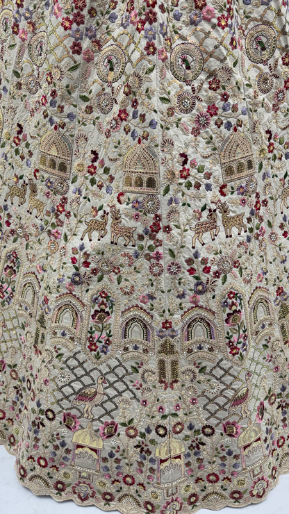 Ivory Gadhwal Silk Bridal Lehenga Choli with Multi Thread Embroidery, Dori Work & Soft Net Dupatta