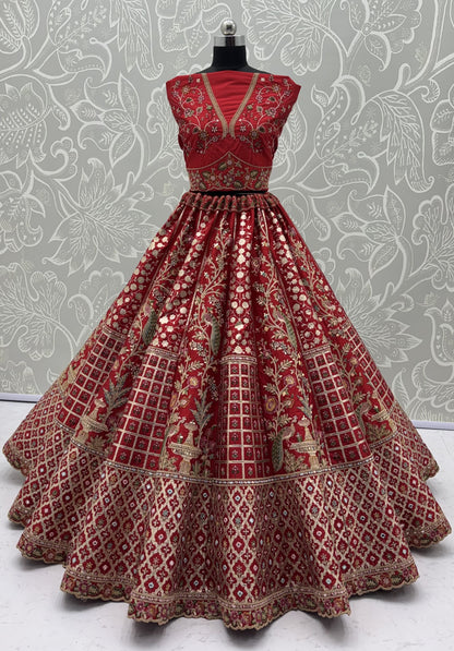 Royal Crimson Peacock Embroidered Gadhwal Silk Bridal Lehenga Choli with Mirror Handwork Dupatta