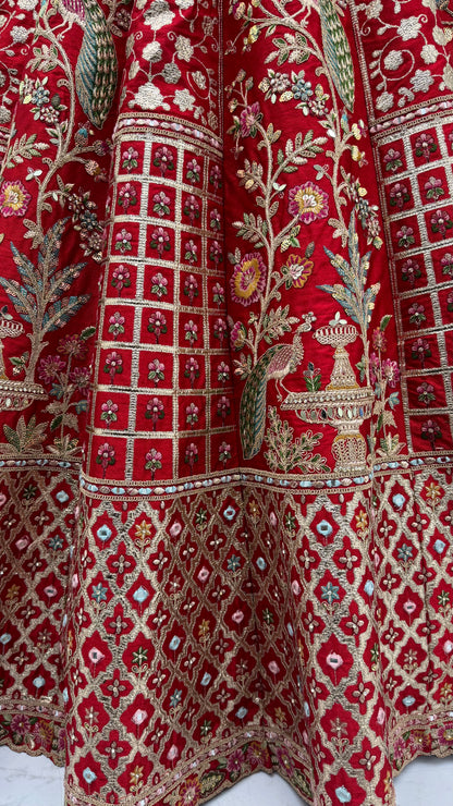 Royal Crimson Peacock Embroidered Gadhwal Silk Bridal Lehenga Choli with Mirror Handwork Dupatta