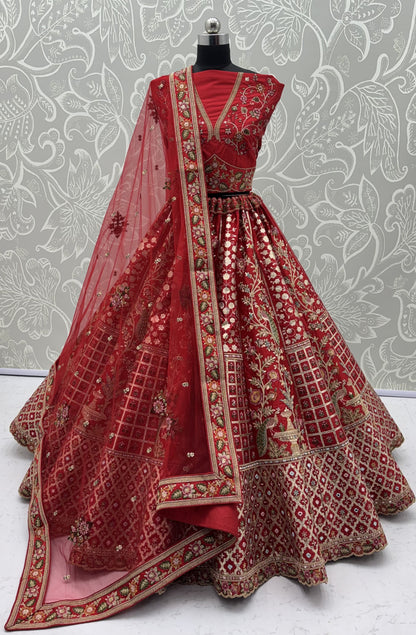 Royal Crimson Peacock Embroidered Gadhwal Silk Bridal Lehenga Choli with Mirror Handwork Dupatta