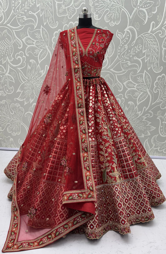 Royal Crimson Peacock Embroidered Gadhwal Silk Bridal Lehenga Choli with Mirror Handwork Dupatta