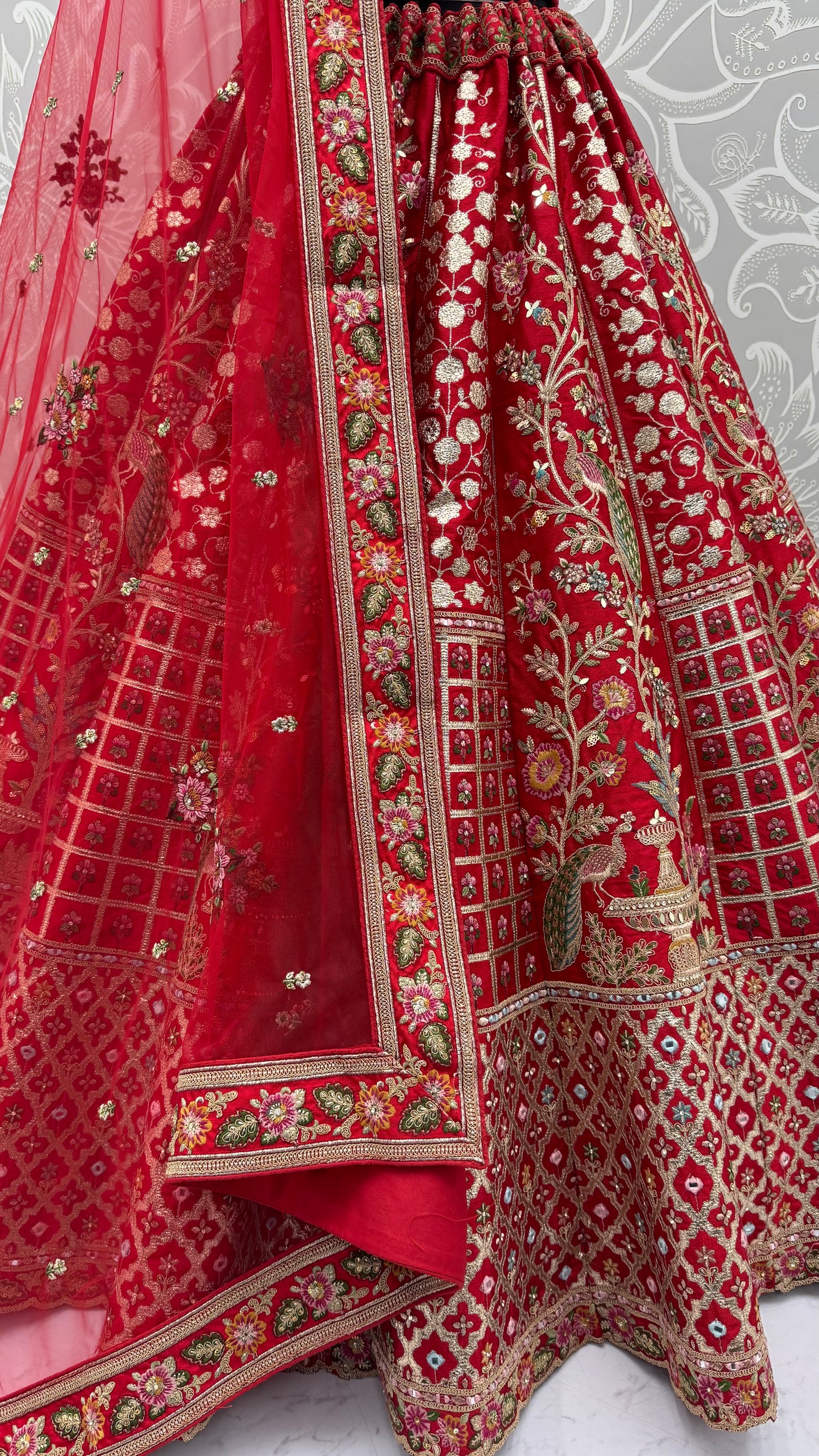 Royal Crimson Peacock Embroidered Gadhwal Silk Bridal Lehenga Choli with Mirror Handwork Dupatta