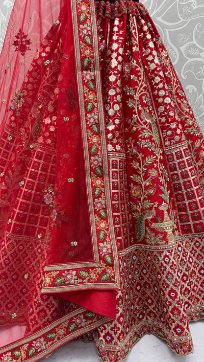Royal Crimson Peacock Embroidered Gadhwal Silk Bridal Lehenga Choli with Mirror Handwork Dupatta