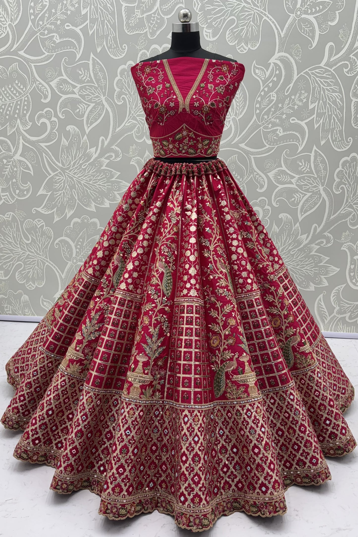 Rani Pink Peacock Embroidered Gadhwal Silk Bridal Lehenga Choli with Mirror Handwork & Designer Dupatta