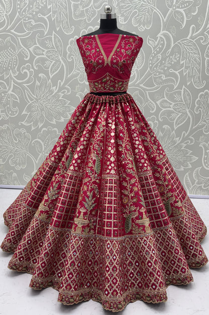 Rani Pink Peacock Embroidered Gadhwal Silk Bridal Lehenga Choli with Mirror Handwork & Designer Dupatta