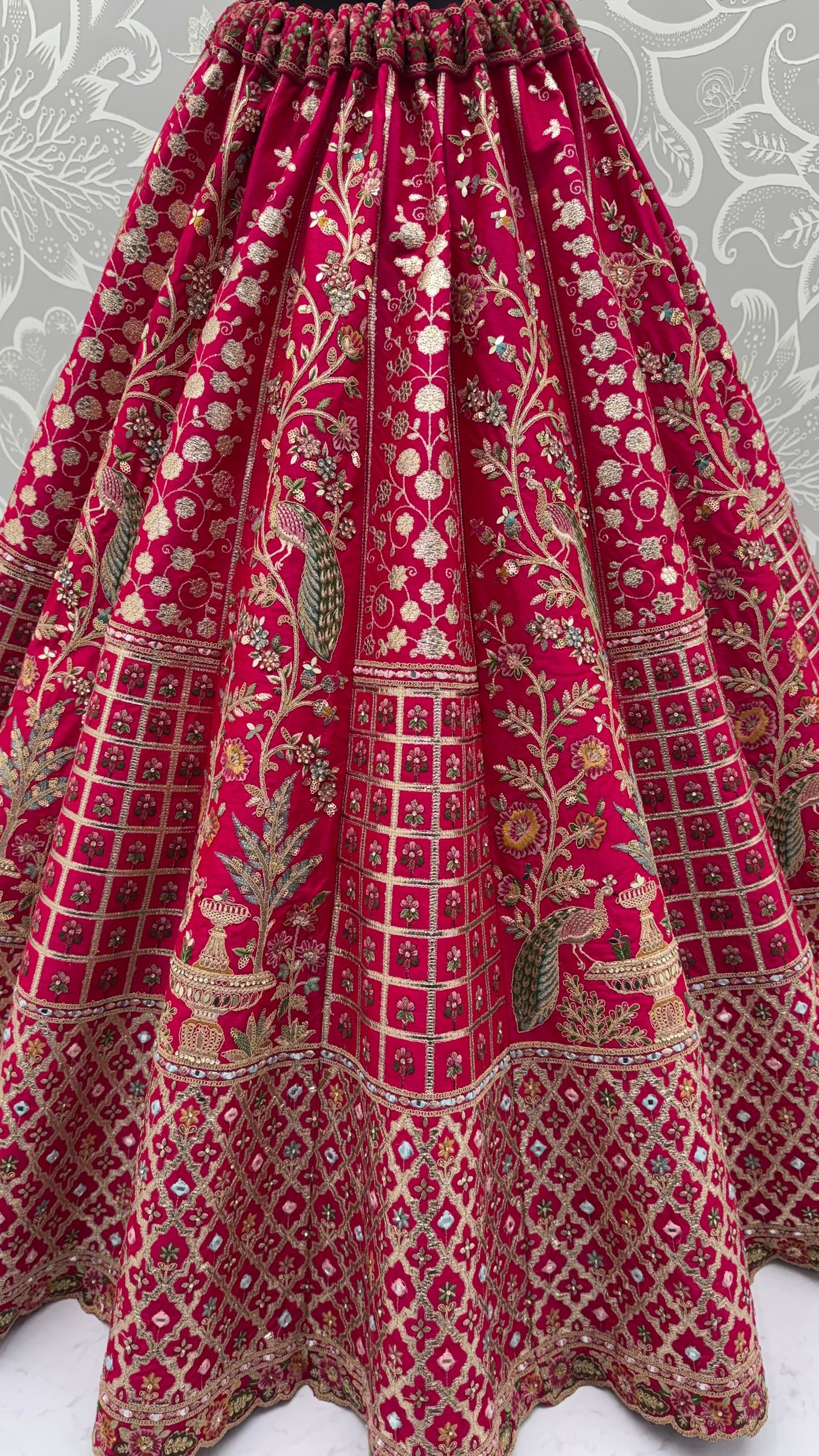 Rani Pink Peacock Embroidered Gadhwal Silk Bridal Lehenga Choli with Mirror Handwork & Designer Dupatta
