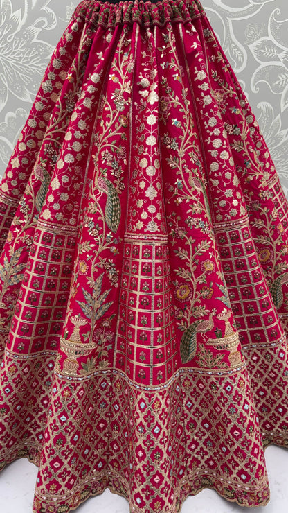 Rani Pink Peacock Embroidered Gadhwal Silk Bridal Lehenga Choli with Mirror Handwork & Designer Dupatta
