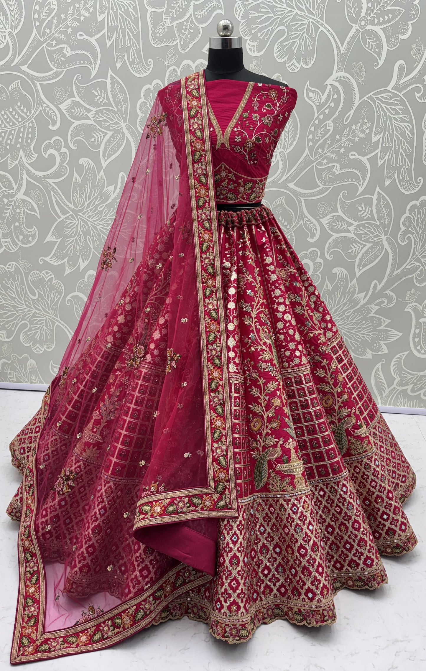 Rani Pink Peacock Embroidered Gadhwal Silk Bridal Lehenga Choli with Mirror Handwork & Designer Dupatta