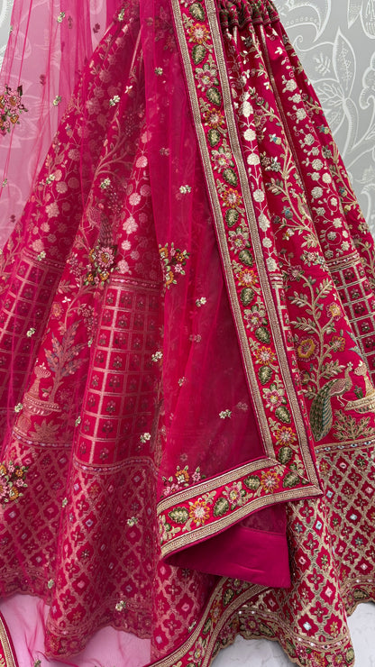 Rani Pink Peacock Embroidered Gadhwal Silk Bridal Lehenga Choli with Mirror Handwork & Designer Dupatta