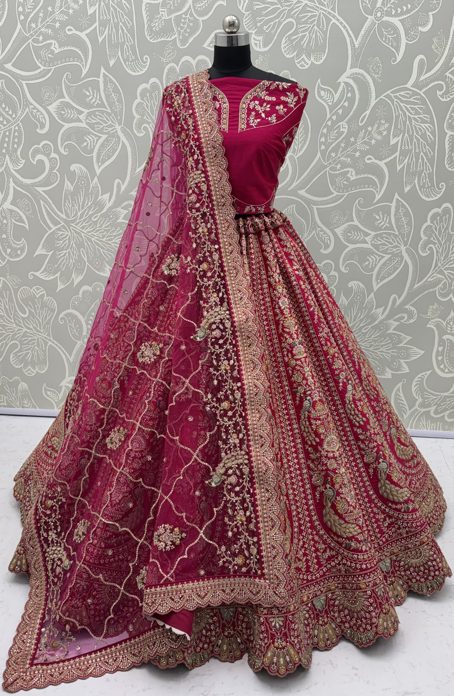 The Gulabi Mayur Heritage Rose Pink Peacock Embroidered Designer Bridal Lehenga Choli
