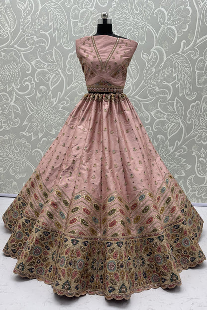 Pink Gotta Patti Embroidered Slub Silk Designer Party Wear Lehenga Choli with Soft Net Dupatta