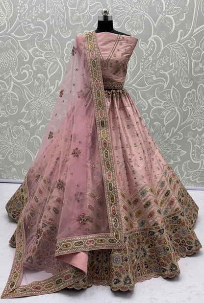 Pink Gotta Patti Embroidered Slub Silk Designer Party Wear Lehenga Choli with Soft Net Dupatta
