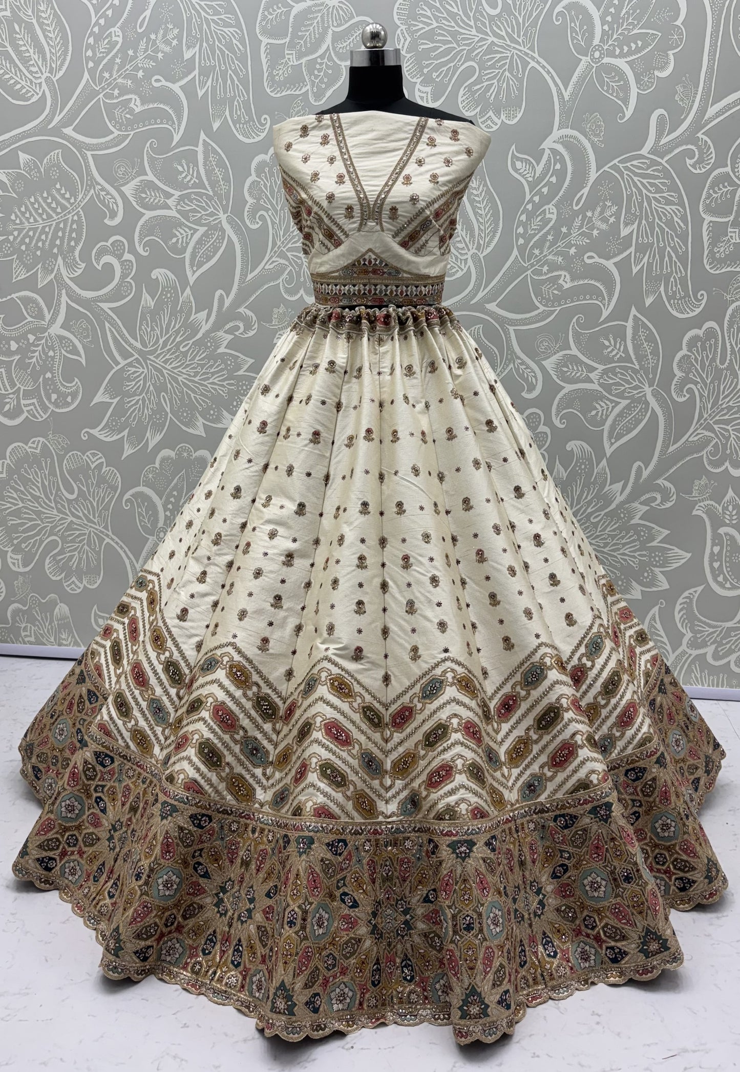Ivory Gotta Patti Embroidered Slub Silk Designer Party Wear Lehenga Choli with Soft Net Dupatta