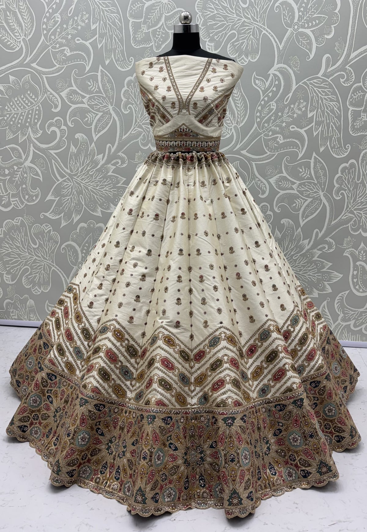 Ivory Gotta Patti Embroidered Slub Silk Designer Party Wear Lehenga Choli with Soft Net Dupatta
