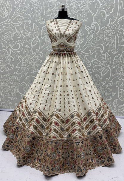 Ivory Gotta Patti Embroidered Slub Silk Designer Party Wear Lehenga Choli with Soft Net Dupatta
