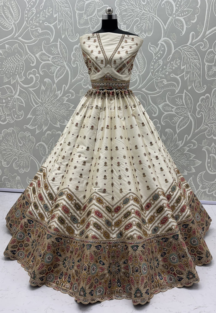 Ivory Gotta Patti Embroidered Slub Silk Designer Party Wear Lehenga Choli with Soft Net Dupatta
