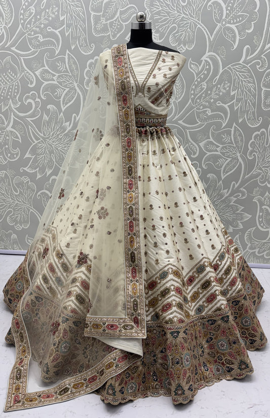 Ivory Gotta Patti Embroidered Slub Silk Designer Party Wear Lehenga Choli with Soft Net Dupatta