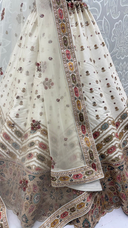 Ivory Gotta Patti Embroidered Slub Silk Designer Party Wear Lehenga Choli with Soft Net Dupatta