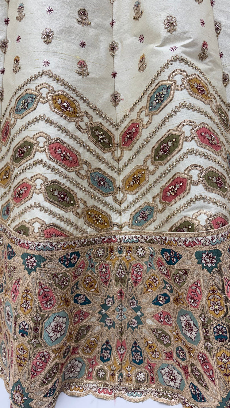 Ivory Gotta Patti Embroidered Slub Silk Designer Party Wear Lehenga Choli with Soft Net Dupatta