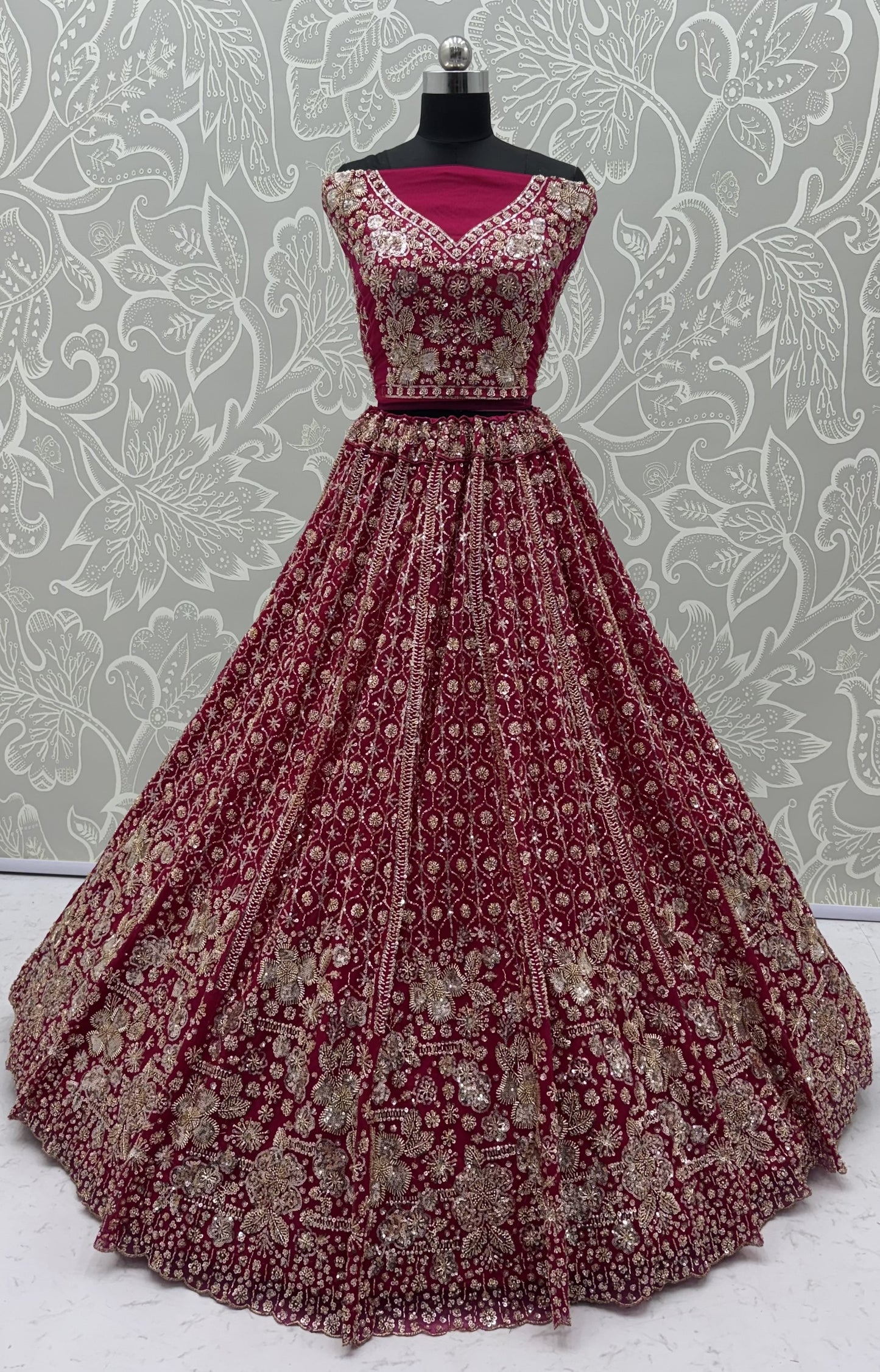 Ruby Red Crystal & Motif Handwork Bridal Lehenga Choli