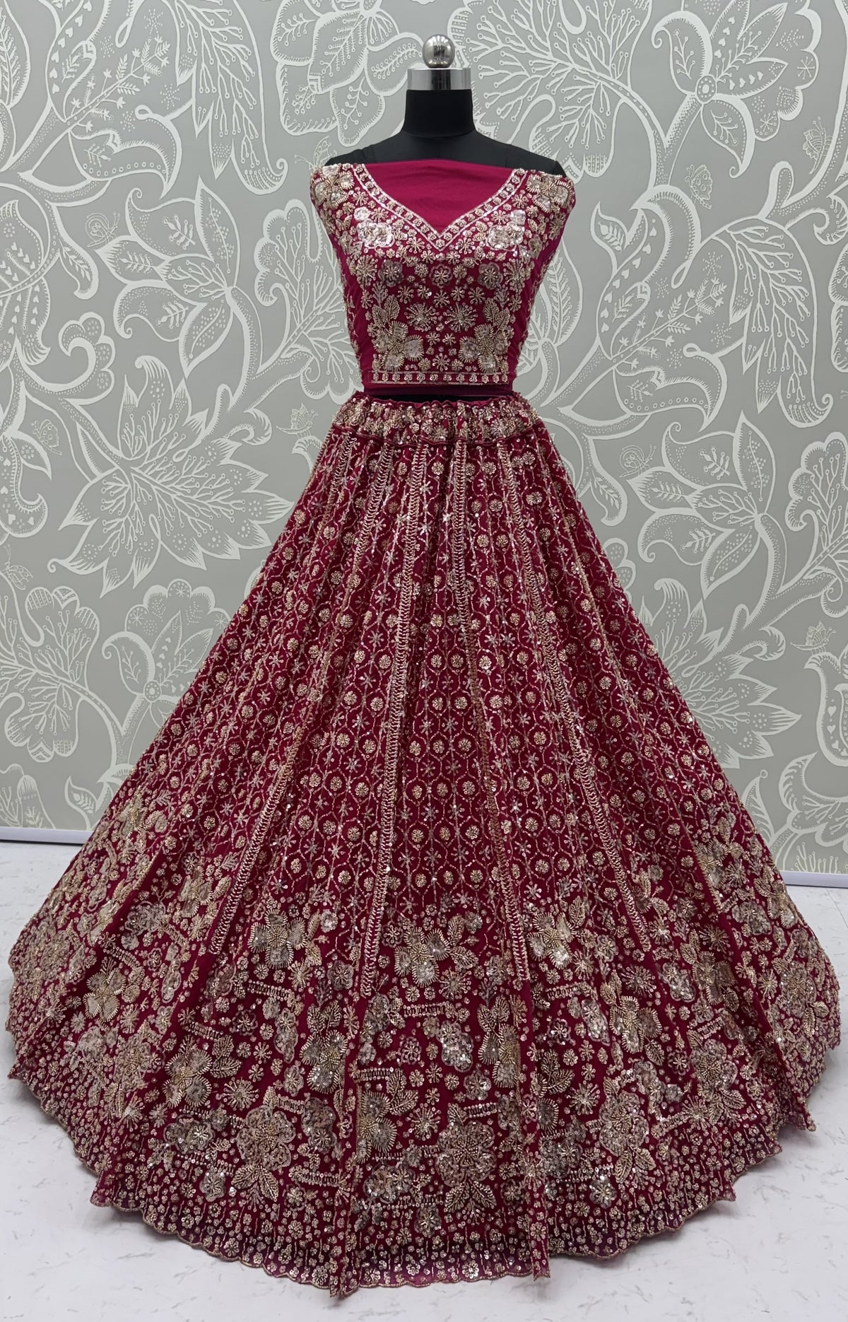 Ruby Red Crystal & Motif Handwork Bridal Lehenga Choli