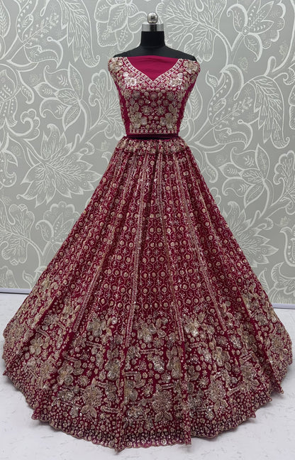 Ruby Red Crystal & Motif Handwork Bridal Lehenga Choli