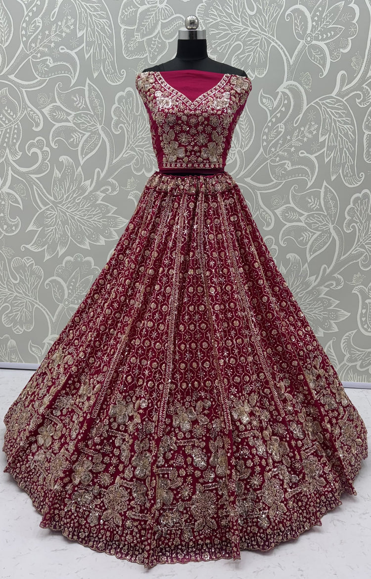 Ruby Red Crystal & Motif Handwork Bridal Lehenga Choli