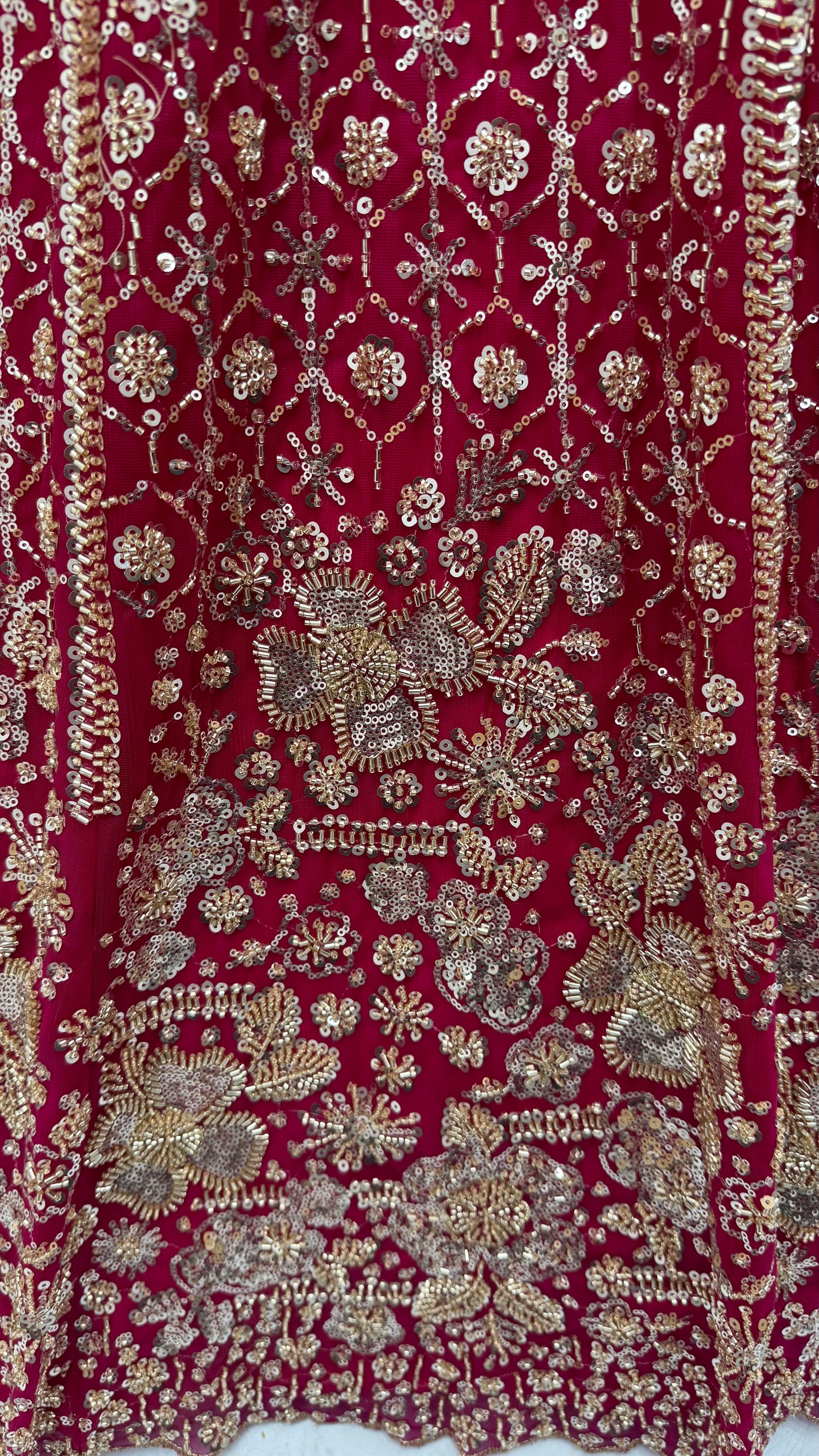Ruby Red Crystal & Motif Handwork Bridal Lehenga Choli