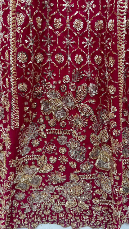 Ruby Red Crystal & Motif Handwork Bridal Lehenga Choli