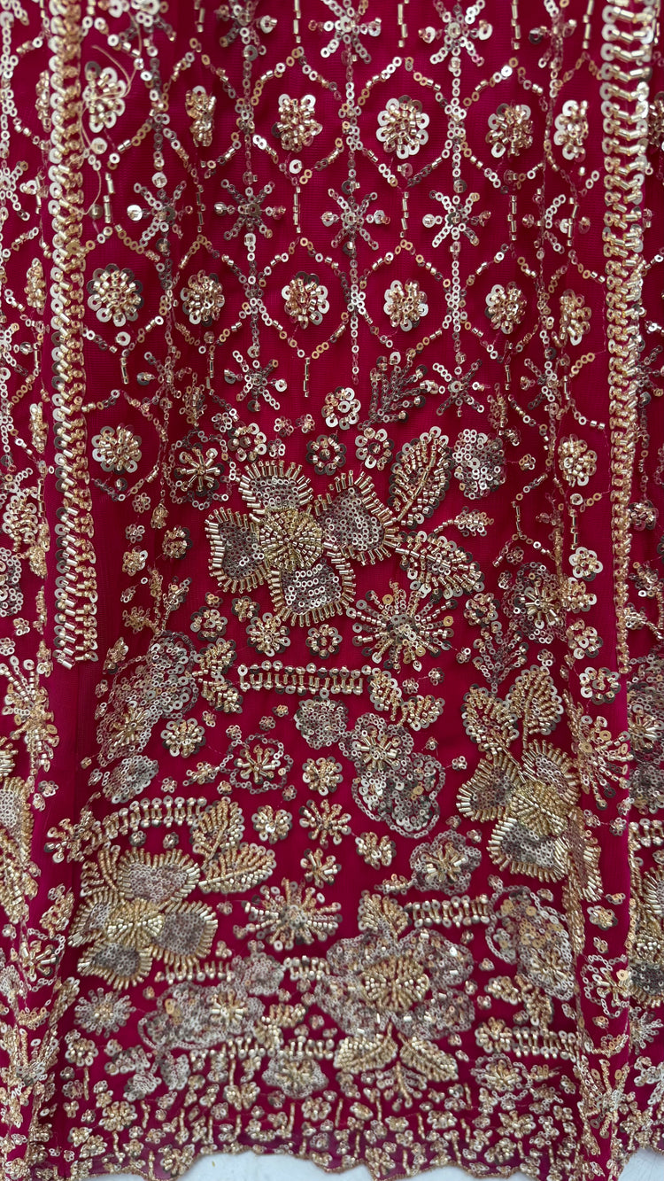 Ruby Red Crystal & Motif Handwork Bridal Lehenga Choli