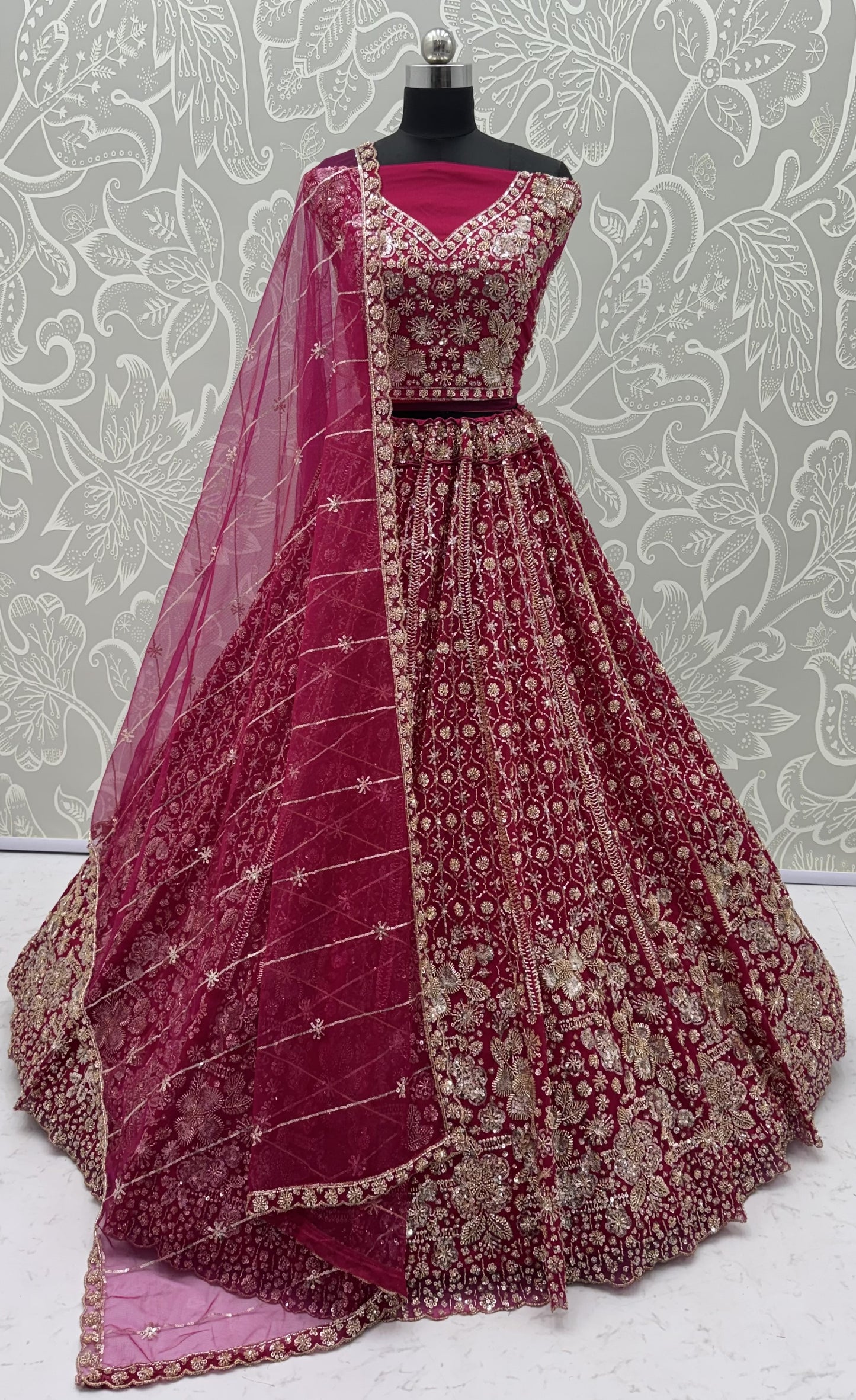 Ruby Red Crystal & Motif Handwork Bridal Lehenga Choli