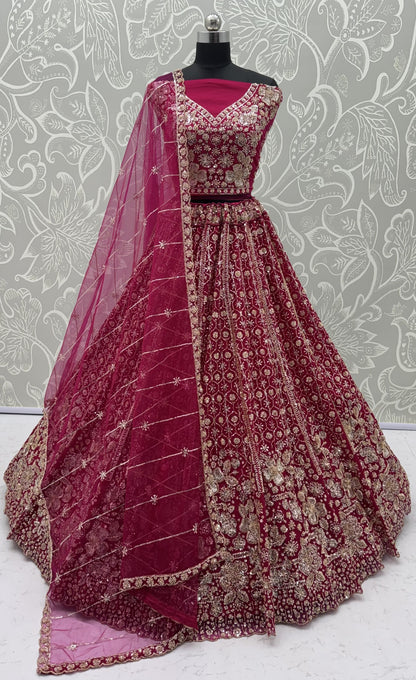 Ruby Red Crystal & Motif Handwork Bridal Lehenga Choli